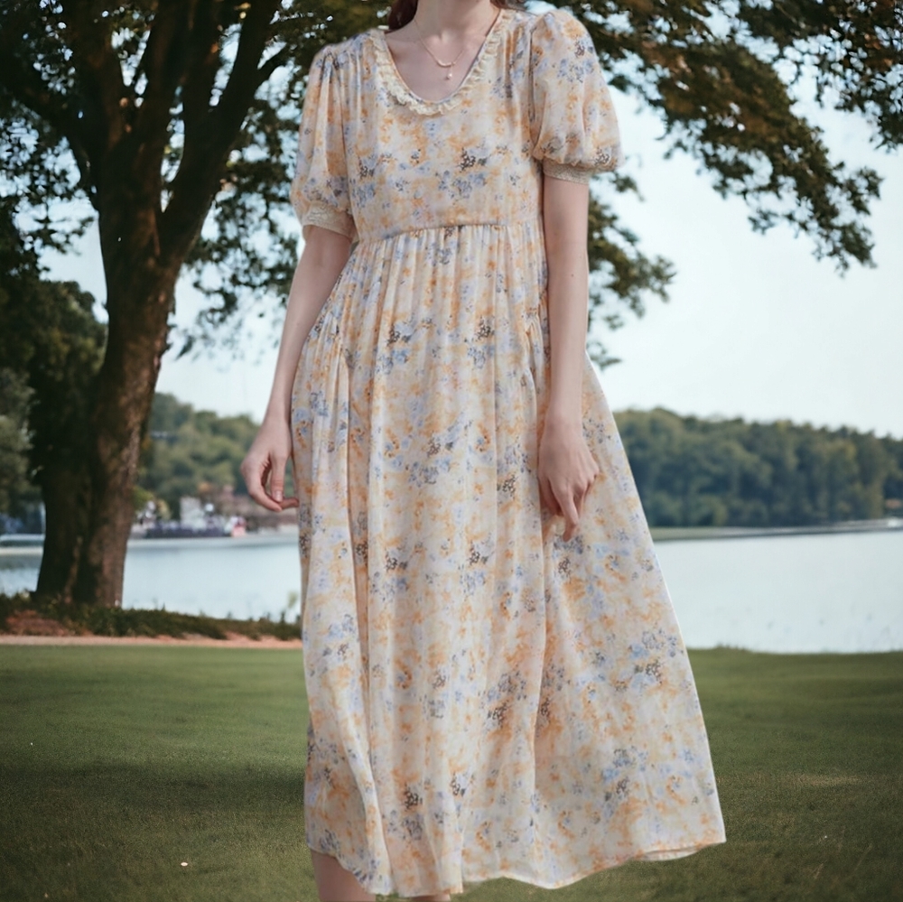 Simple Retro Lily Yellow Floral Puff Sleeve Chiffon Midi Dress Size Small